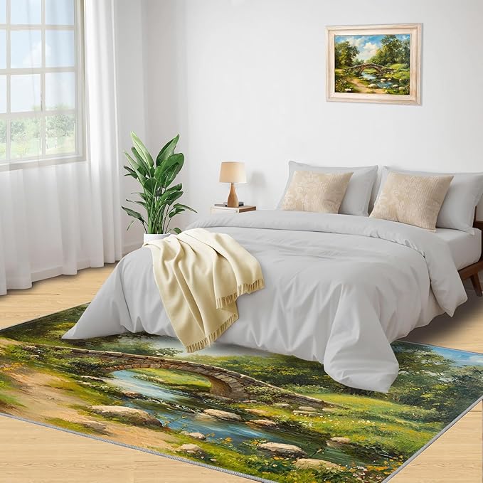 Forest Rugs for Bedroom - 3x5 Area Rug - Stone Bridge Stream Rugs for Living Room, Retro Country Style Rug, Non-Slip Washable Home Decor Carpet