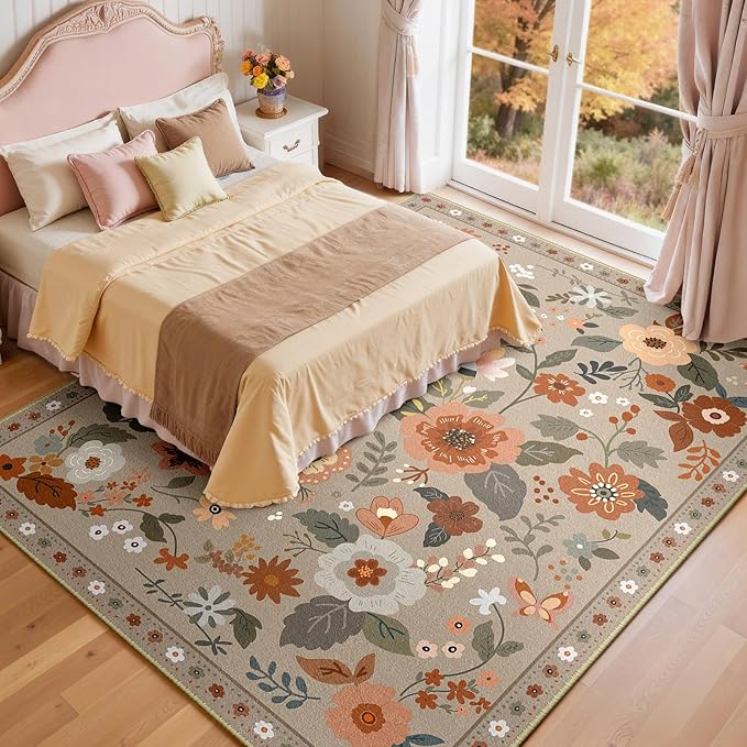 Floral 8x10 Area Rug Machine Washable Soft Print Boho Carpet Non Slip Doormat Low Pile Flower Area Rugs for Living Room Bedroom Nursery Kitchen Dining Room Indoor-Brown/Brick