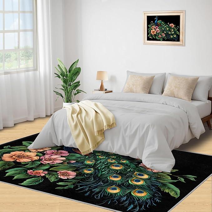 Peacock Peony Rugs for Bedroom - 3x5 Rug, Classic Peacock Peony Area Rugs for Living Room, Teal Turquoise Carpet, Floral Plant Washable Area Mat, Aesthetics Carpet - Peafowl Home Decor & Gifts