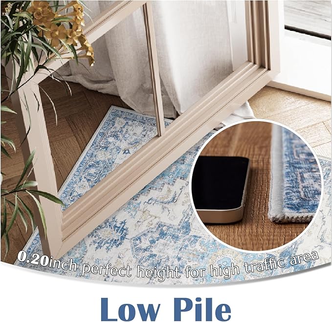 jinchan Kelda Area Rug 8x10 Washable Living Room Rug Vintage Soft Indoor Large Floor Cover Retro Distressed Mat Accent Lightweight Non-Slip Thin Carpet for Kitchen Bathroom Bedroom Blue