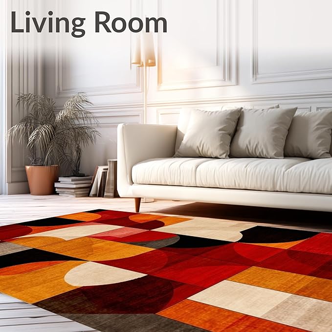 Flatwoven High Traffic Area Rug 4x6, Ember Abstract Geometric Shape Throw Indoor Floor, Non Slip, Stain Resistant, Washable Area Rugs for Living Room, Bedroom (Orange, 4x6)
