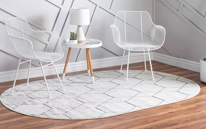 Unique Loom Trellis Frieze Collection Area Rug - Geometric (3' x 5' Oval, Ivory/ Gray)