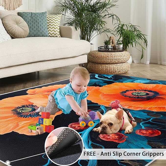 3x6 Poppy Bedroom Rug Under Bed - Retro Flowers Art Kids Room Rugs, Rustic Florals Art Bedroom Runner Rug Soft Washable for Living Room Kitchen