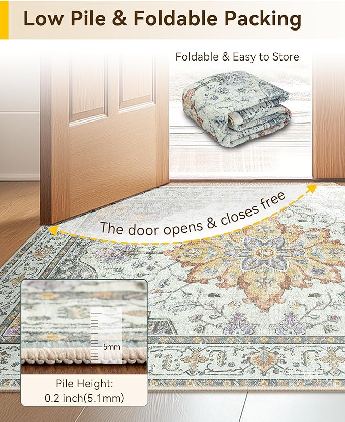 Area Rugs 5ft Washable Non-Slip, Floral Vintage Distress Print Pattern Medallion Carpet for Living Room Bedroom Dining Room, Light Yellow Carbon Grey Orange
