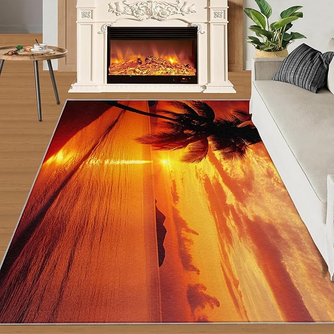 Coastal Rugs for Bedroom - 2x3 Area Rug - Ocean Beach Rugs for Living Room, Sunset Palm Trees Rug, Non-Slip Washable Home Decor Carpet