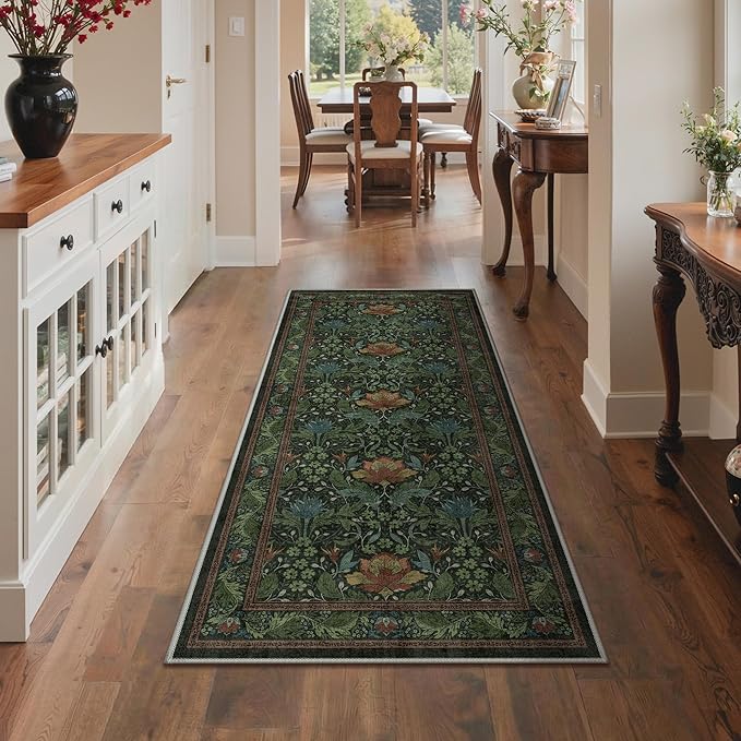 Bavni 2'6''x6 Runner Rug,Microfiber Washable Non-Slip Vintage Floral Rugs,Low Pile Lightweight Carpet for Bedroom,Hallway,Entryway,Kitchen,Bathroom, Dark Green