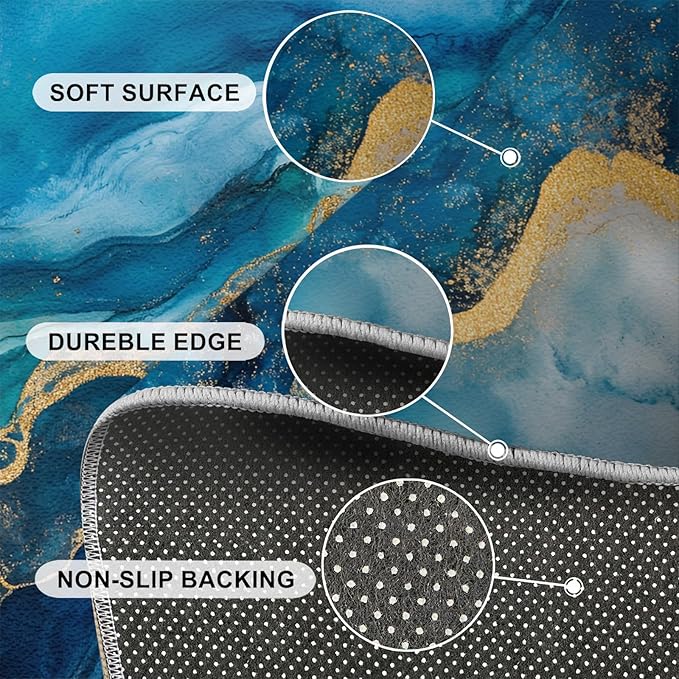 Blue Gold Marble Rugs for Bedroom - 6x9 Area Rug - Modern Fashion Marble Rugs for Living Room, European Light Luxury Art Rug, Washable Home Decor Carpet