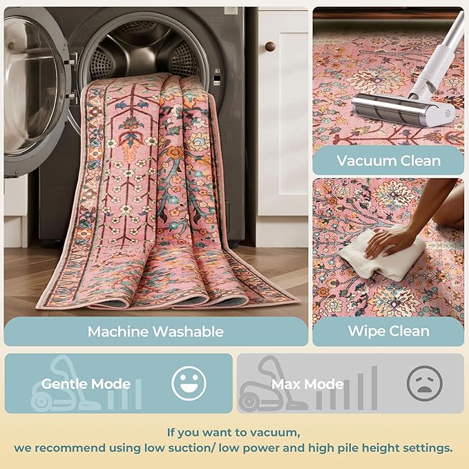 Kokia Boho Vintage Floral Area Rugs, Washable Oriental Botanical Rugs for Living Room, Bedroom, Dining Room, Office, Large Soft Indoor Area Rug, Rosette Pink，8x10