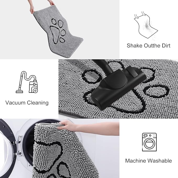 Smiry Dog Door Mat for Muddy Paws, Absorbent Dirt Trapper Non Slip Quick Dry Washable Chenille Mat for Mud Dogs, Entry Rug for Indoor and Outdoor (44x24 Inches, Grey and Black)