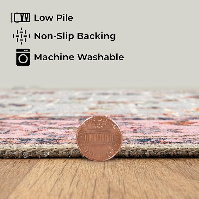 GLN Rugs Traditional Collection - Machine Washable Area Rug, Traditional Washable, Non Slip, Low Pile Chenille Rug, Living Room, Bedroom, Kitchen Rug (2' x 3' Pink/Blue/Multicolor)