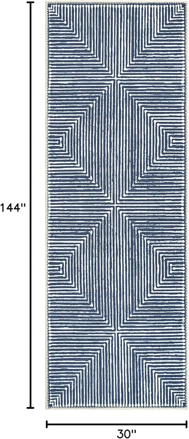 Bloom Rugs Washable Non-Slip 12 ft Runner - Blue Striped Runner for Entryway, Hallway, Bathroom, and Kitchen - Exact Size: 2.5' x 12'