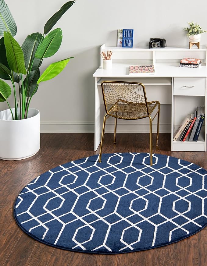 Unique Loom Glam Collection Area Rug - Trellis (5' 3" Round, Navy Blue Silver/ Silver)