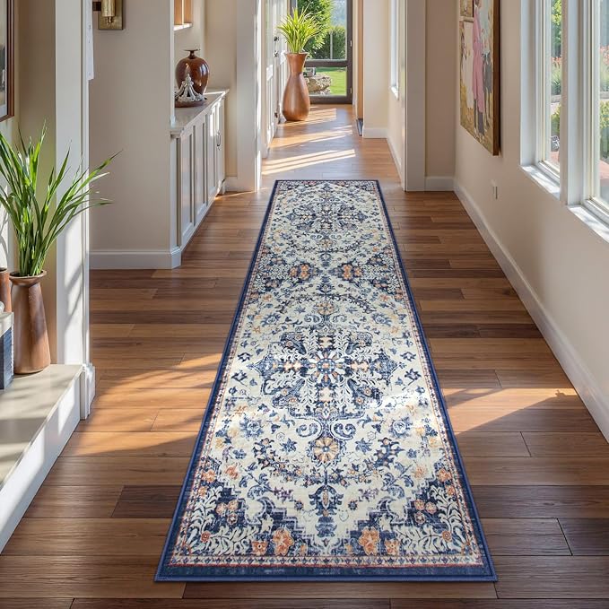 Lahome Bohemian Washable Runner Rug, 2'6" x 10' Soft Runners for Hallways Long Kitchen Carpet Runner, Non Slip Printed Stair Carpet Runners for Hall Bathroom Mudroom Hardwood Floor, Blue Purple/Multi