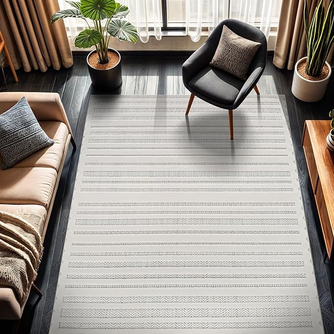 CAMILSON Modern Rug 5x7 Luxury Striped Line Micro Loop Area Rugs Soft High-Low Pile Stain Resistant Easy to Clean Non-Shedding Durable Living Room Bedroom Indoor Carpet (White)