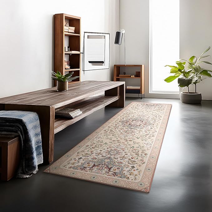Phantoscope Washable Runner Rug 2'x6' Non-Slip, Vintage Boho Hallway Rugs for Entryway, Stair, Bedroom, Persian Floral Medallion Pattern, Low-Pile Foldable Floor Carpet, Ivory Rose/Fall Bloom
