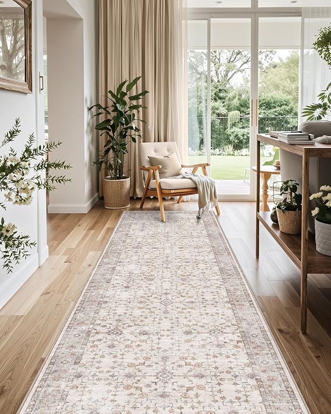 LUMI Runner Rug 3x8, Washable Non-Slip Hallway Throw Rugs, Long Soft Thin Vintage Oriental Kitchen Mats, Low-Pile Indoor Kitchen Entryway Area Rug, Beige