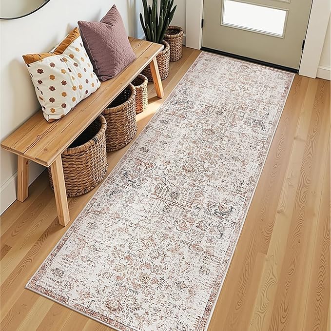 jinchan Kalen Runner Rug 2x7 Washable Hallway Rug Vintage Indoor Thin Retro Floor Cover Distressed Floral Country Lightweight Non Slip Carpet for Entryway Bathroom Bedroom Living Room Stairway Red