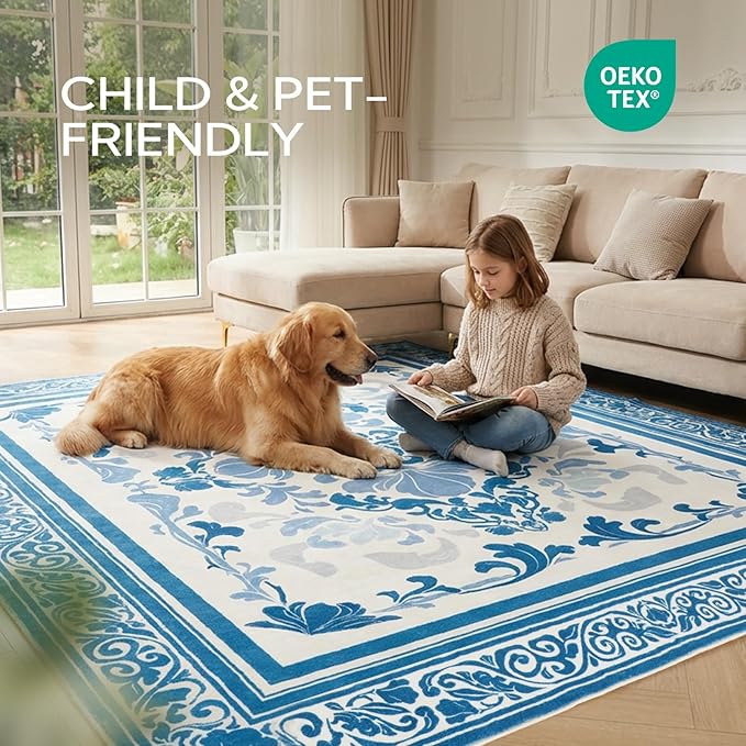 SOULFUL Medium Pile 2x3 Entryway Rug - Soft Foot Feel Small Area Rug - Blue Boho Floral - Washable Non-Slip - Perfect for Hallway Kitchen Bedroom Bathroom Indoor Entrance