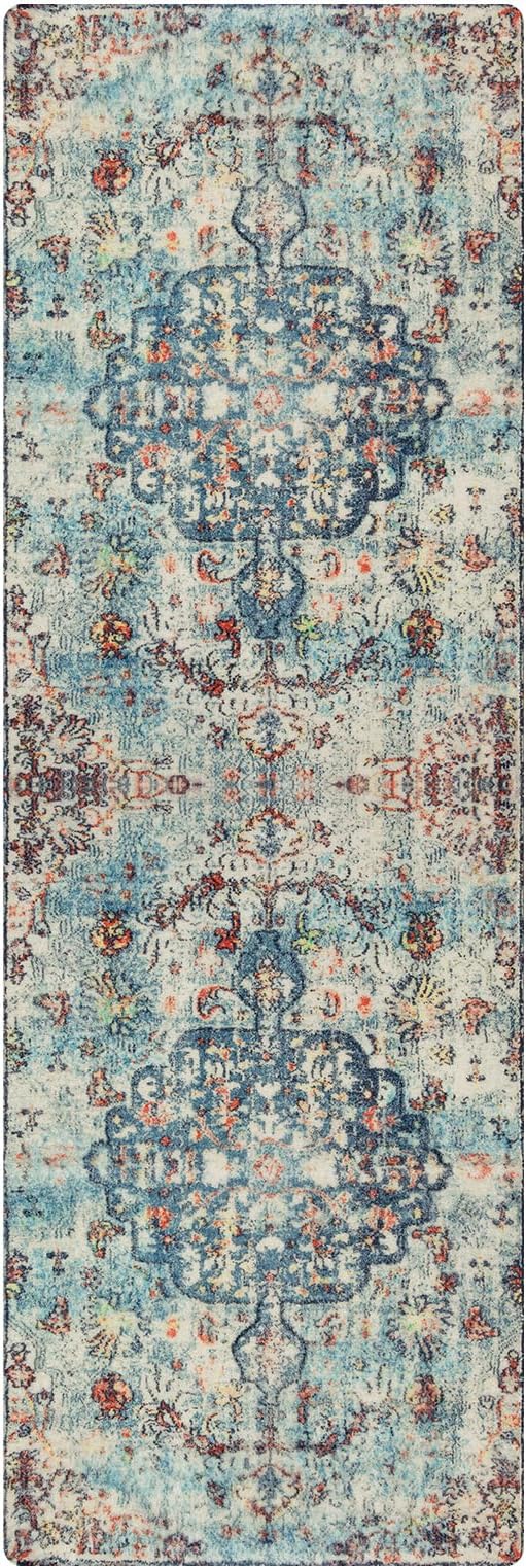 Lahome Bohemian Floral Medallion Runner Rug - 2x6 Hallway Laundry Rug Runner Washable Kitchen Sink Mat Distressed Turkish Non-Slip Soft Bedside Carpet for Doorway Bedroom, Vintage Teal/Multi