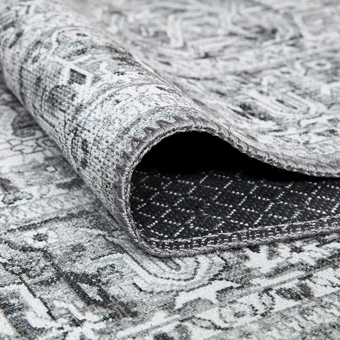 Bloom Rugs Washable Non-Slip 10 ft Runner - Gray/Charcoal Traditional Medallion Runner for Entryway, Hallway, Bathroom, and Kitchen - Exact Size: 2.5' x 10'