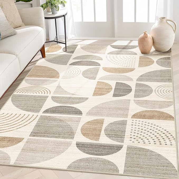 MUJOO Boho Rug Washable,4x6.5 Area Rugs for Bedroom Living Room Bedside Office,Throw Floor Carpet Non Slip Soft Indoor Modern Abstract Bohemian Neutral Beige