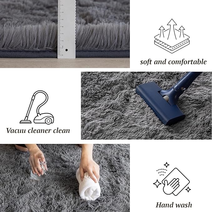 4x6 Area Rugs for Living Room Bedroom, Soft Fluffy Shaggy Bedside Rug, Indoor Floor Carpet for Kids Playroom, Dorms, Nursery Rooms, Home Decor (Grey 4'x6')