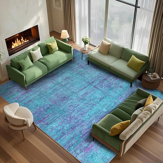 9x12 Abstract Area Rugs for Living Room, Modern Teal Purple Washable Indoor Rug for Bedroom, Soft Large Non-Slip Carpet for Dining Room Home Office Farmhouse Decor - Teal+Purple