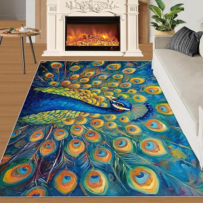 Peacock Area Rug 5x7-5x7 Rug, Wonderful Peacock Rugs for Living Room, Teal Turquoise Carpet, Peafowl Washable Area Rugs for Bedroom, Aesthetics Carpet - Peafowl Home Decor & Gifts