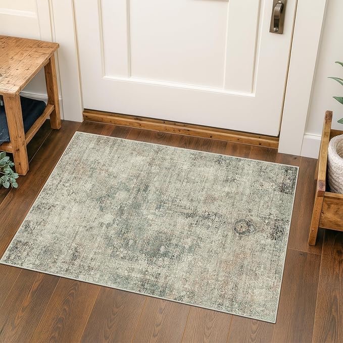 Moss 2x3 Washable Entryway Rug, Medallion Abstract Throw Rugs for Kitchen, Bathroom, Farmhouse Home Décor, Non Slip Low Pile Soft Stain Resistant Carpet (Green and Moss)