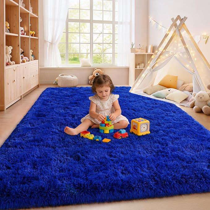 Large Fuzzy Rug 8x10 Feet Blue Fluffy Rug for Living Room, Big Plush Non-Skid Shag Carpet, Soft Shaggy Rugs for Bedroom Indoor Modern Home Decor