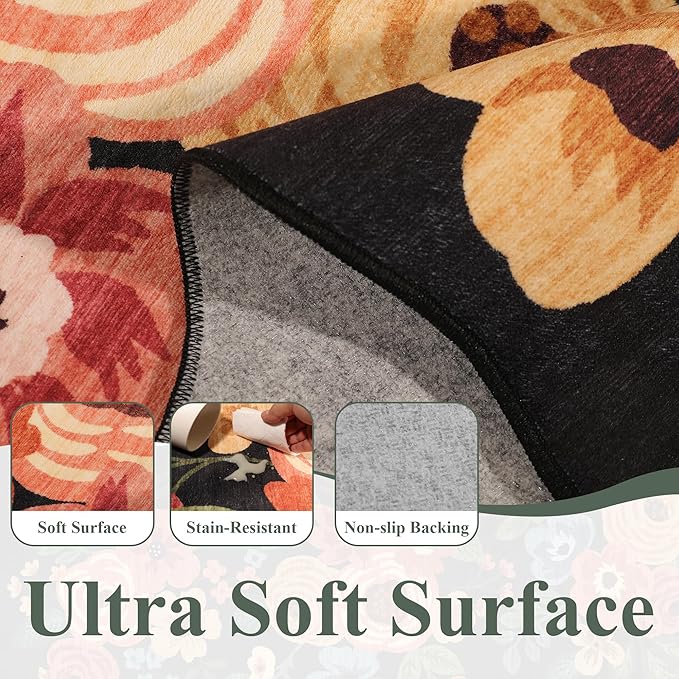 DUKINO 2x5 Washable Runner Rugs, Non Slip Floral Print Entryway Rug with Soft Low Pile, Lightweight Mat for Living Room, Bathroom, Bedroom, Kitchen, Black