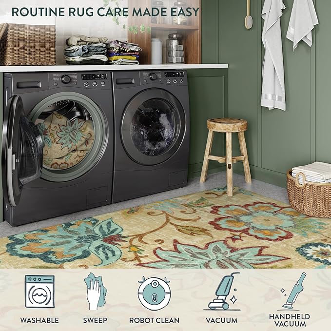 Lahome Floral Washable Kitchen Runner Rugs with Rubber Backing - 2x5 Rug Runner Lightweight Non-Slip Soft Bathroom Carpet, Boho Beige Paisley Carpet for Hallway Bedroom Laundry Room