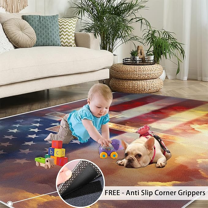 3x5 American Flag Dorm Rug - Stars Stripes Small Rugs for Bedroom, Independence Day Area Rug Washable Non Slip for Bedroom Kitchen Living Room Entryway