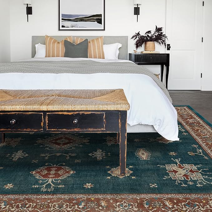 RUGGABLE Washable Vintage Area Rug – Verena Teal Blue 10x14, Stain-Resistant, Non-Slip – Large Machine Washable Rugs for Living Room, Bedroom, Hallway, Entryway & Office–with Cushioned Pad