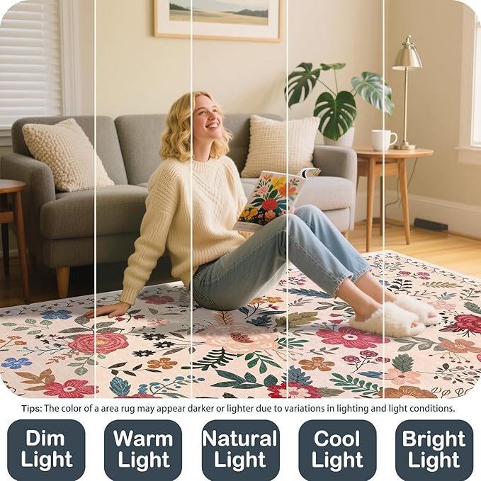 2x3 Area Rugs for Entryway, Non-Slip Low Pile Boho Small Carpet, Machine Washable Floral Throw Rug for Entrance, Bedroom, Kitchen, Laundry, Bathroom (2x3 Beige Red)
