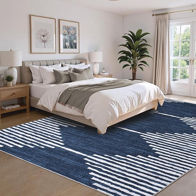 HelloTree Area Rug for Living Room 8x10 Washable Geometric Moroccan Rug Stripe Farmhouse Bohemian Minimalistic Non Slip Non Shedding Ultra Thin Soft Rug for Bedroom Office DiningRoom Nursery-Blue