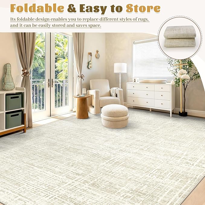 6x9 Area Rugs for Living Room, Washable Large Area Rug Neutral Modern Abstract Bedroom Rug Soft Non Slip Low Pile Stain Resistant Indoor Carpet for Nursery Kids Dining Room Office(Beige, 6'x9')