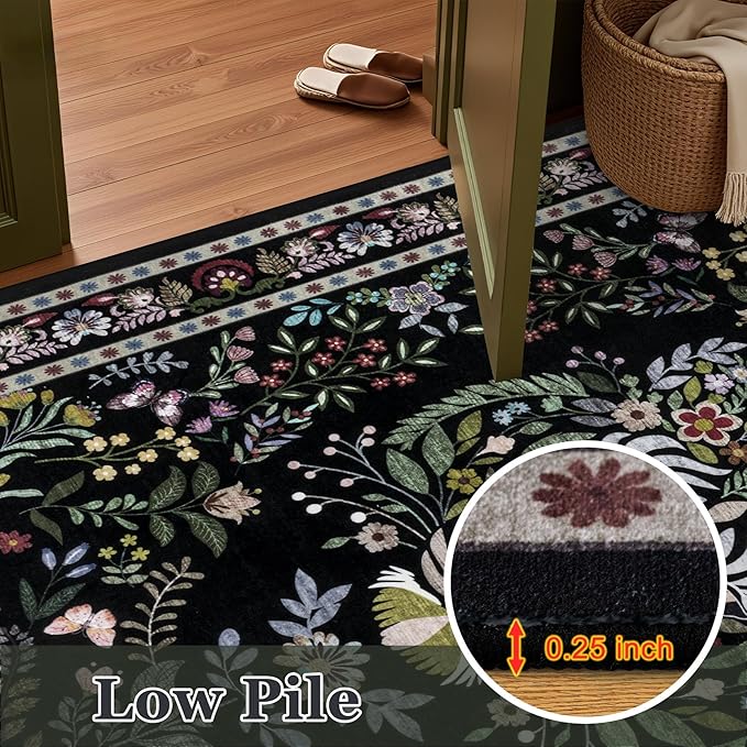 6x9 Area Rugs Living Room Rug: Vintage Washable Rug Floral Soft Carpet Indoor Floor Non-Slip Boho Stain Resistant Large Carpets for Bedroom Kids Nursery Dining Room Farmhouse Home Office Black