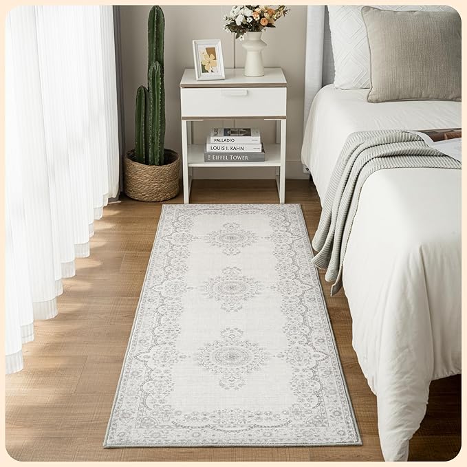 Istana Hallway Runner Rug 2.5x8 – Grey/White Cream Entryway Rug -Silk's Soft Touch Runners for Hallways - Stylish Kitchen Runner Rug Non Slip