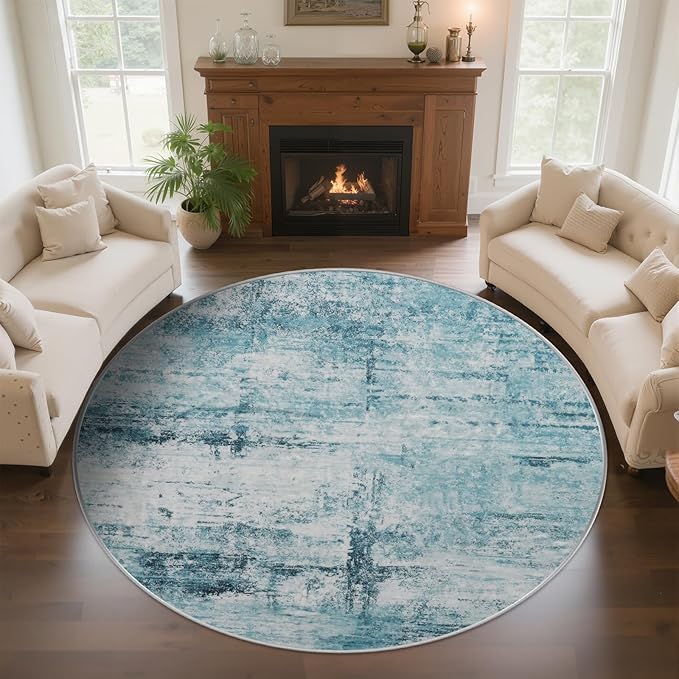 Round 5ft Area Rug Modern Abstract Washable for Living Room Entryway Dining Room Home Office Teal Gray