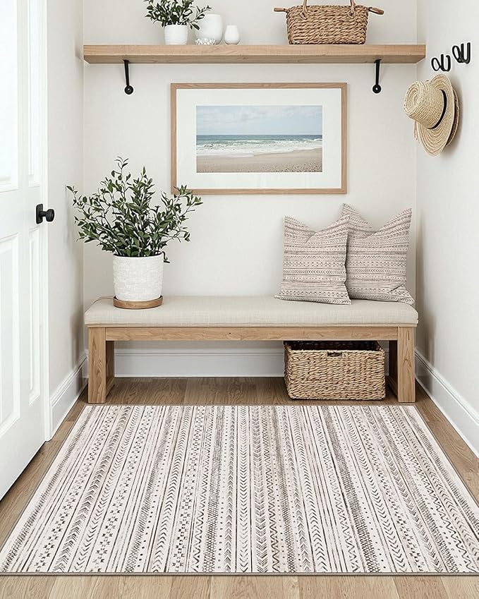 LUMI Ultra Thin Door Mat, 32x47 Non Slip Indoor Doormat Entrance Washable Rugs Entryway Oriental Vintage Soft Carpet for Kitchen Bedroom Front Door, White and Brown