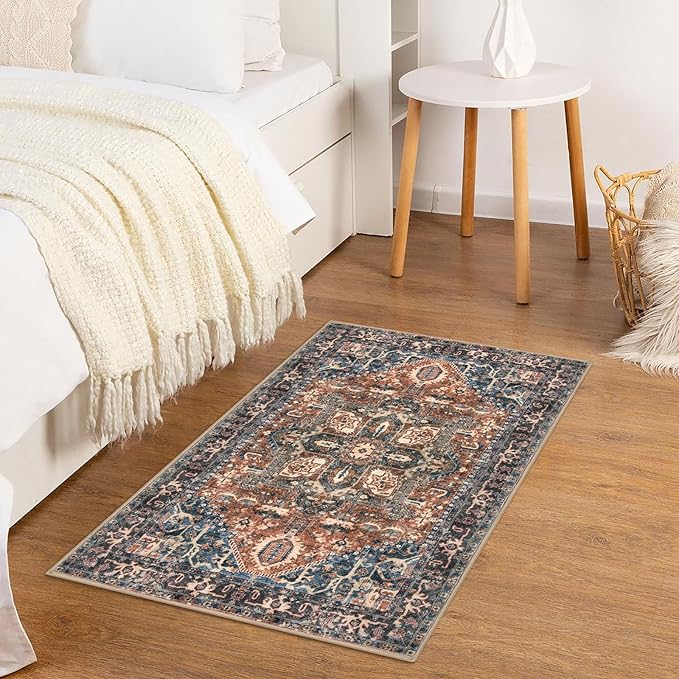 KOZYFLY Small Area Rug 2x3 Ft Rugs for Entryway Washable Boho Entry Rug Non Slip Door Mat Indoor Entrance Faux Wool Vintage Printed Kitchen Rug Throw Rugs for Entrance Kitchen, Red/Navy Blue/Brown