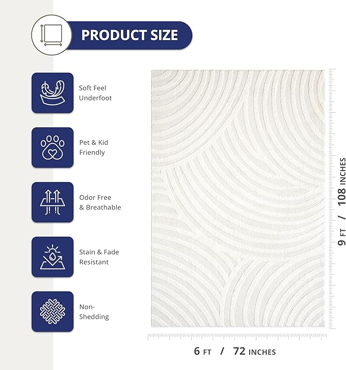 Abani Nomad Cream Tone-on-Tone Area Rug 6' x 9' for Living Room, Bedroom - Linear Curves Pattern - Durable & Easy to Clean
