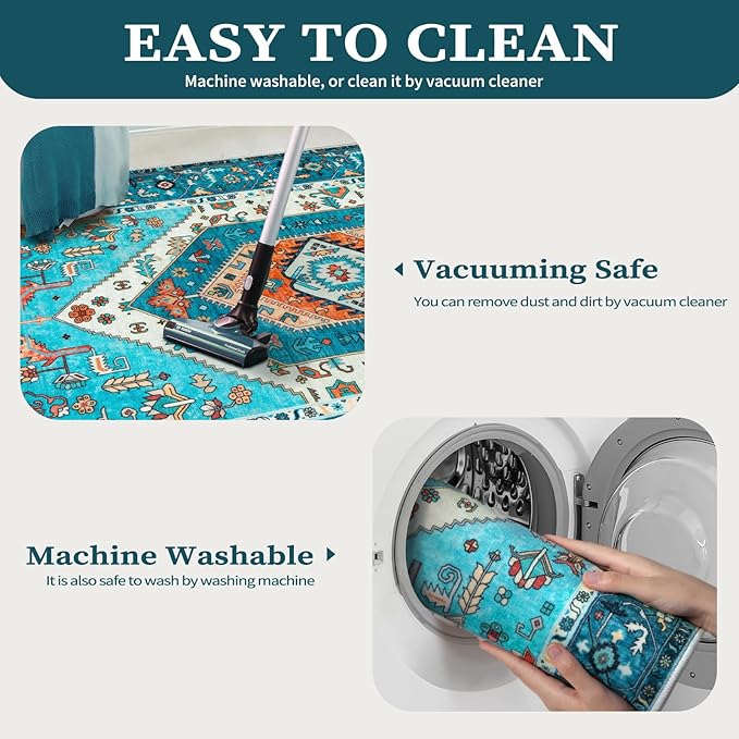 SERISSA 9x12 Area Rugs for Living Room, Large Washable Non-Slip Boho Rug, Ultra Soft Vintage Blue Oriental Print Distressed Farmhouse Carpet for Dining Room Bedroom Dorm Office Home Decor