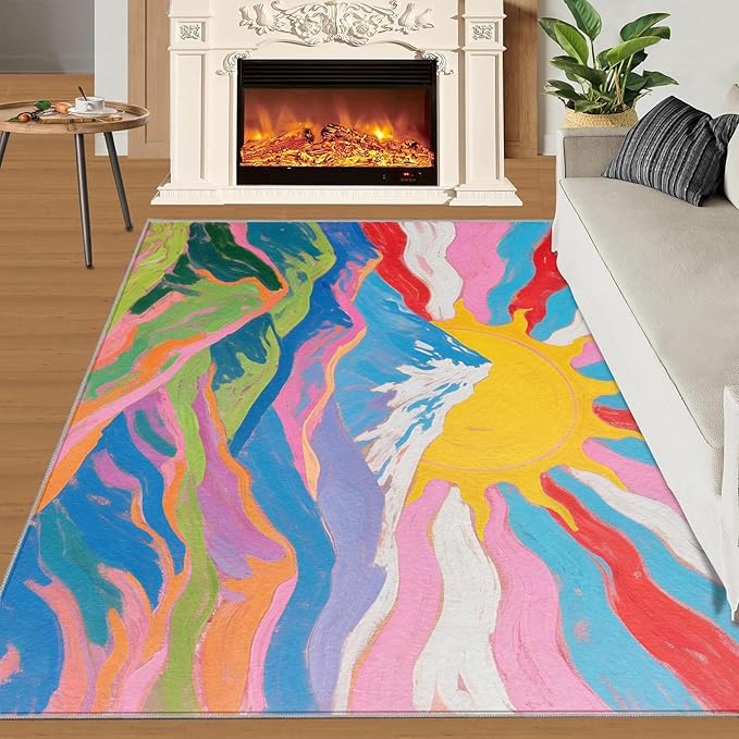 Boho Sun Area Rugs 4x6ft, Watercolor Mountain Carpet for Bedroom, Abstraction Deco Rug for Living Room Easy to Clean for Indoor Outdoor Hardwood Floors Home Decor