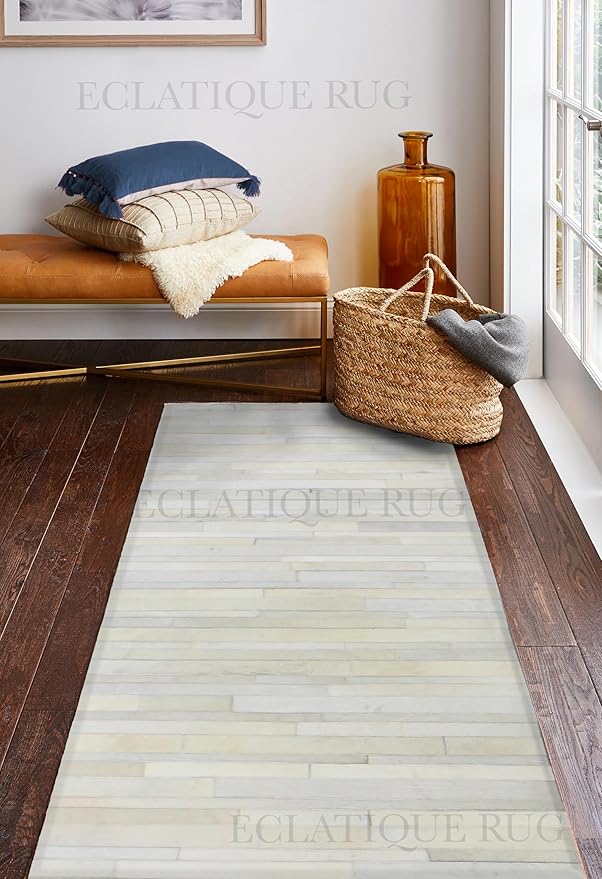 Cowhide Leather Rug for Living Room 9x12 Natural Leather Rug Modern Stripes Style Floor Carpet for Home Decor | Superior Indoor Area Rug White