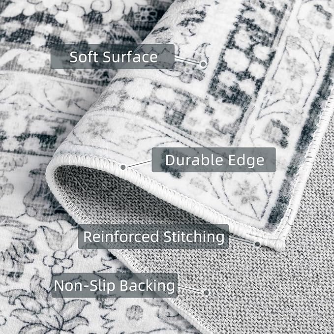 Deerly Grey Rug 6x9 Boho Vintage Rugs for Living Room, Washable Rugs Non Slip Large Area Rug for Dining Room Bedroom Office, Floor Decoration Big Rug Low-Pile Kid & Pet Friendly(Grey)