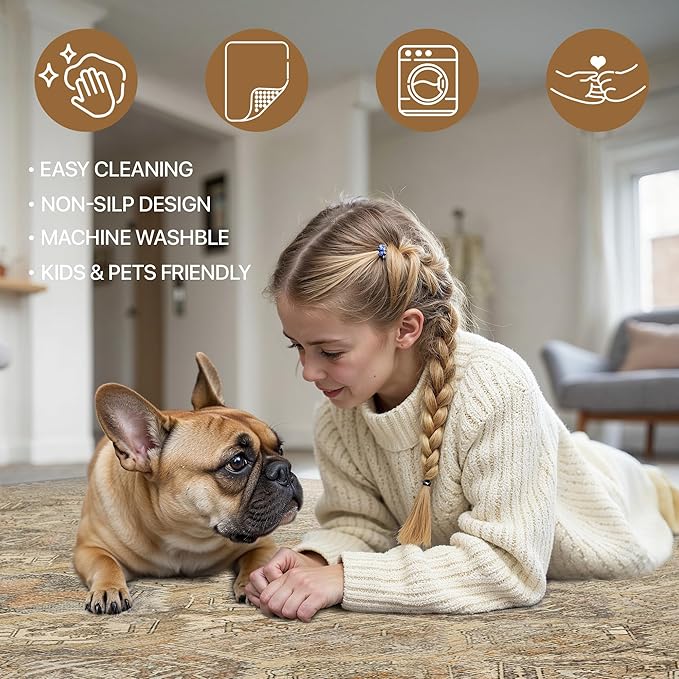 Bavni Runner Rug 2x10 Kitchen Rugs for Hallways Entryway, Washable Vintage Print Carpet, Ultra-Thin Chenille Low Pile Lightweight Rug with Non Slip Backing, Wood