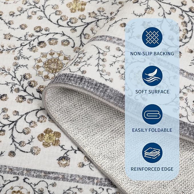 GarveeHome Boho 6x9 Area Rug for Living Room, Floral Vintage Rugs for Bedroom with Soft Low Pile, Non Slip Stain Resistant Botanical Washable Rug 6x9 for Dining Room Grey Carpet for Dorm Office