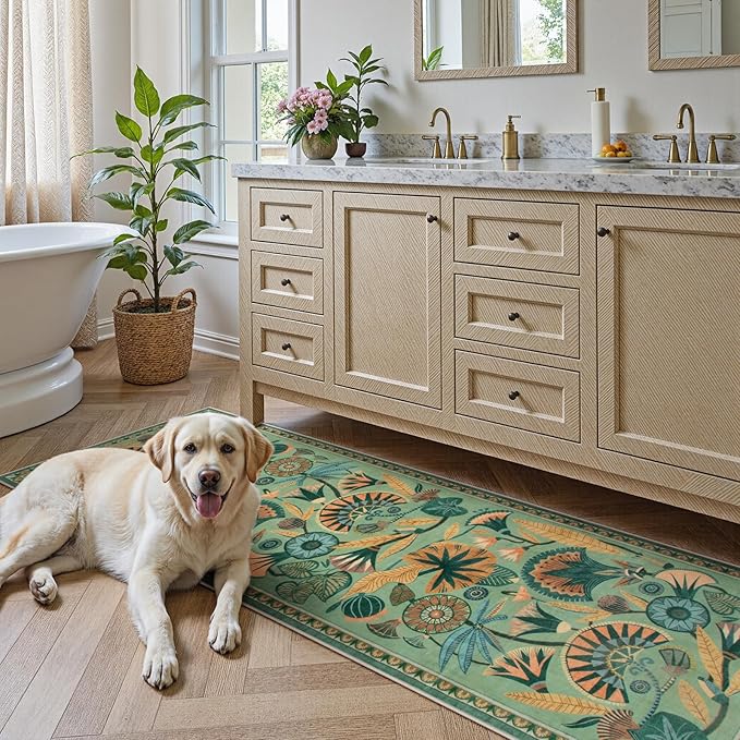 Floral Kitchen Rugs, 2.5X8 Green Runner Rug for Hallway, Non Slip Rugs for Entryway, Washable Carpet Runner with Rubber Backing, Vintage Rug for Bathroom Bedroom Indoor